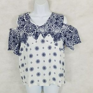 Cold shoulder floral blue and white top